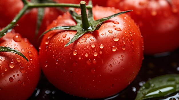 A closeup shot of water droplets glistening on the smooth skin of a freshly picked tomato highligh