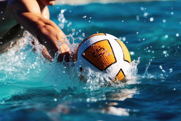 Близкий снимок игрока в водное поло с мячом