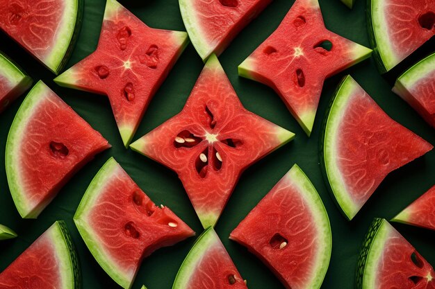 A closeup shot of watermelon slices arranged in a grid