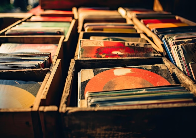 A closeup shot of a weathered wooden crate filled with vintage vinyl records capturing the