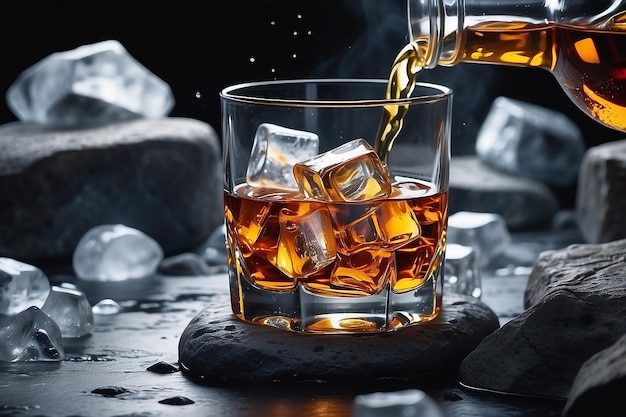 Closeup Shot of Whisky and Ice on Rocks Generative AI