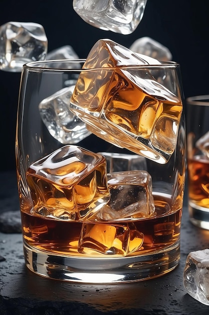 Closeup Shot of Whisky and Ice on Rocks Generative AI