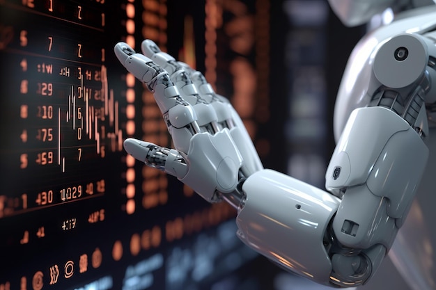 Closeup shot of a white cyborg robotic hand touching a screen displaying stock market chart and