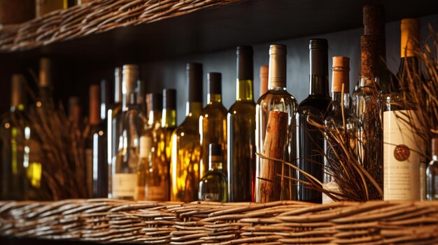 Closeup shot of win shelf bottles lay over shelf