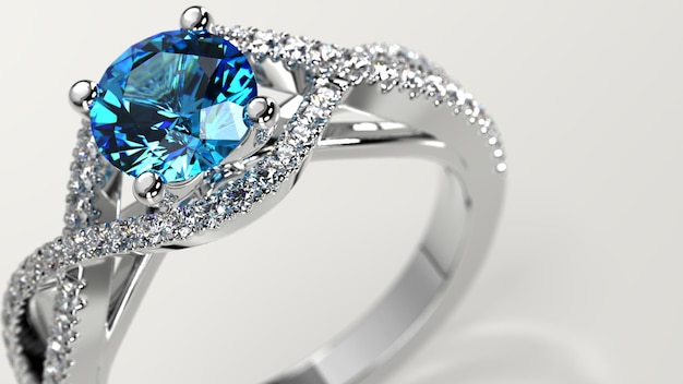 Closeup shot with aquamarine solitaire criss cross engagement ring