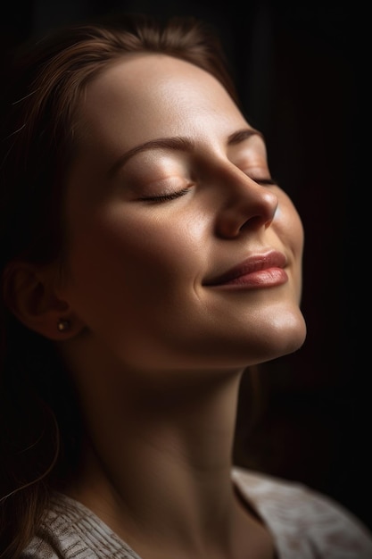 Снимок крупным планом женщины, чувствующей себя расслабленной с закрытыми глазами, созданный с помощью генеративного ИИ