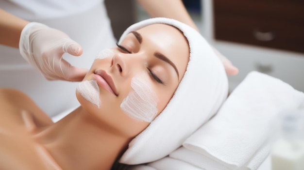 Closeup shot of a woman getting facial treatment with clay mask Cosmetology and spa