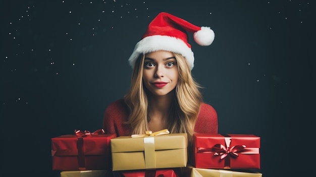 Близкий снимок женщины, держащей в руках коробку с рождественскими подарками с красной лентой Концепция праздников, созданная с помощью технологии Generative Al
