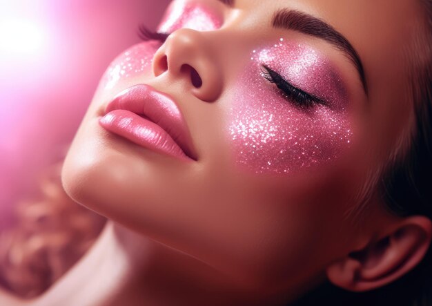 A closeup shot of a woman's face covered in pink glitter with her eyes closed and a serene express