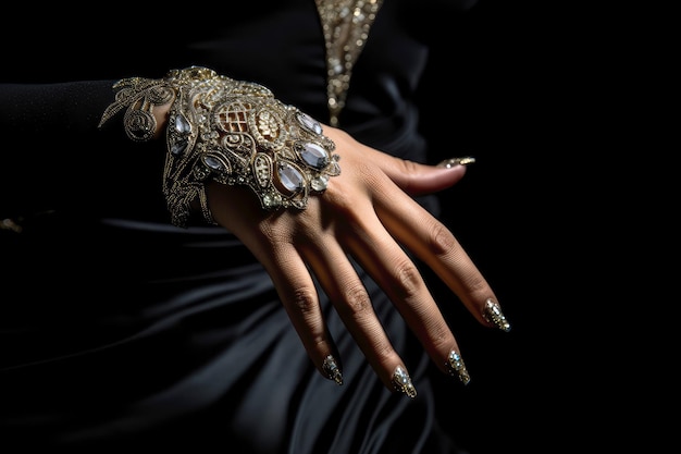 Closeup shot of the woman's hand wearing an ancient style filigree bracelet