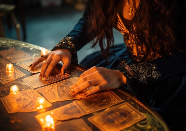 Photo a closeup shot of a woman's hands adorned with intricate henna patterns holding a deck of tarot