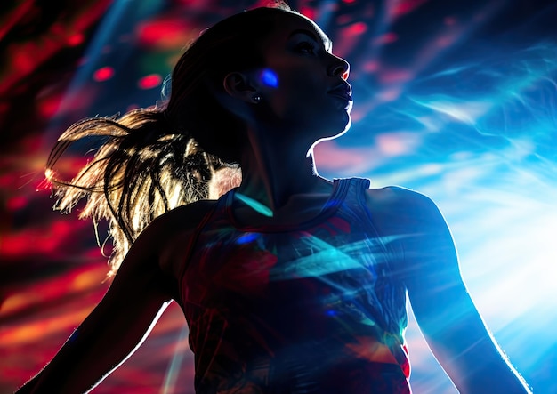 A closeup shot of a woman's silhouette during a zumba routine captured against a colorful