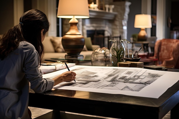 A closeup shot of a woman sketching the interior of a living room using a combination of a photograph and a sketch