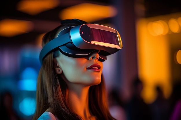 Closeup shot of a woman wearing a virtual reality glass