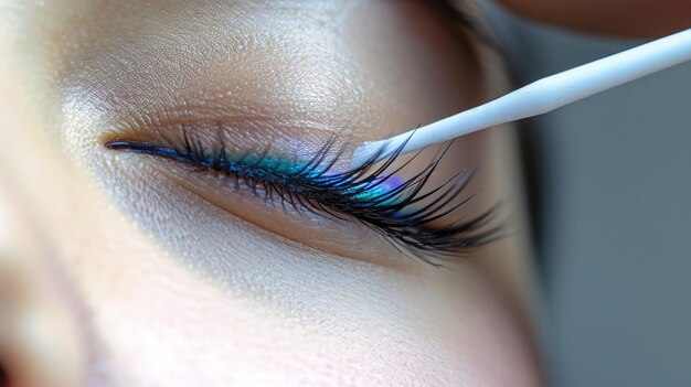 A closeup shot of a womans eye with eyelash extensions and makeup holding a toothbrush in her mouth at a beauty salon