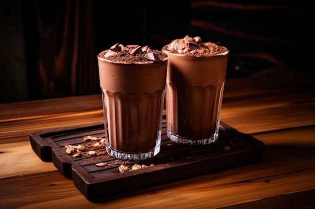 Closeup shot of wooden table with chocolate milkshake glasses