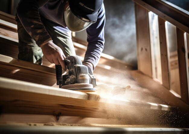 A closeup shot of a worker using a sander to smooth out a wooden staircase The camera is