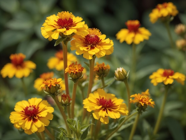 정원에 있는 노란색 갈리아디아 꽃의 근접 촬영 사진