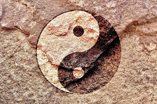 closeup shot of the yin and yang diagram symbol on a wall background
