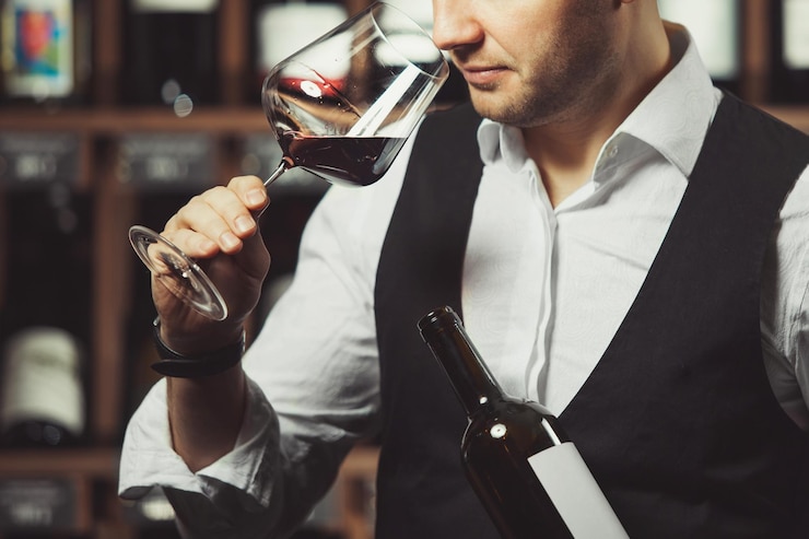 Photo closeup shot of young sommelier smell red wine on wine cellar background