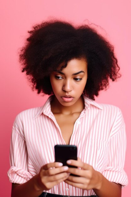 Closeup shot of a young woman using her cellphone against a pink background