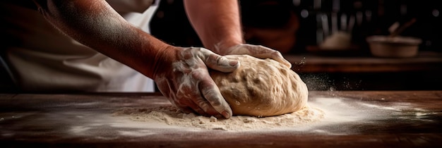 Близкие снимки рук пекаря, умело замешивающих тесто, формирующих хлеб
