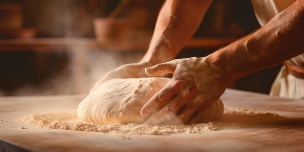 Closeup shots of a baker's hands expertly kneading dough shaping bread Generative AI