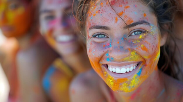 Foto scatti ravvicinati che catturano i sorrisi radiosi e le risate dei partecipanti coperti di polvere colorata