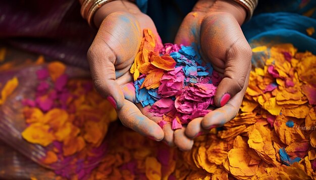 Photo closeup shots of hands covered in a mix of holi colors