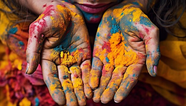 closeup shots of hands covered in a mix of Holi colors