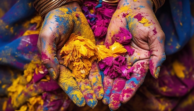 Photo closeup shots of hands covered in a mix of holi colors