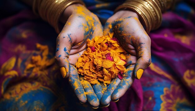 Photo closeup shots of hands covered in a mix of holi colors