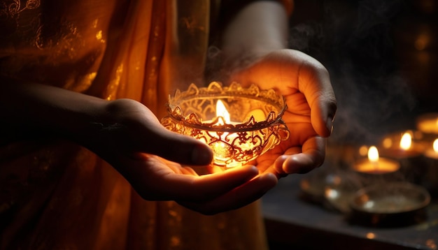 Photo closeup shots of hands holding diyas oil lamps or incense