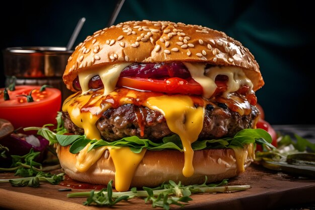 Closeup shots of juicy burger with melted cheese and colorful toppings Generative Ai