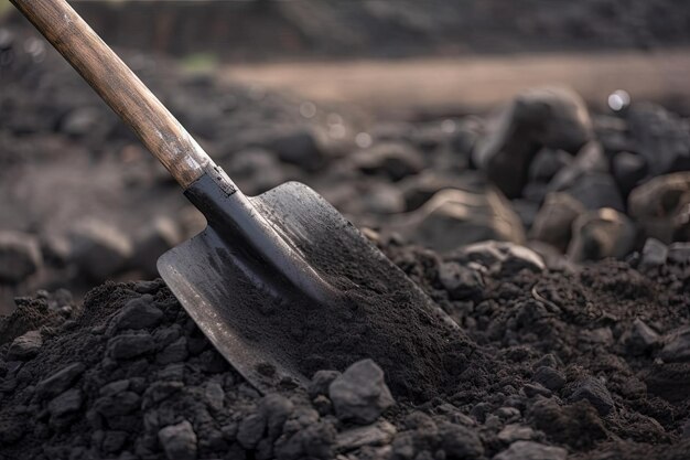 Closeup of a shovel with freshly dug coal in the background created with generative ai