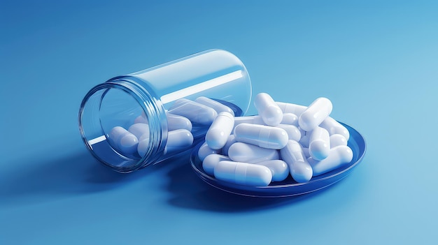 A closeup shows white and blue pills spilling out of an overturned container