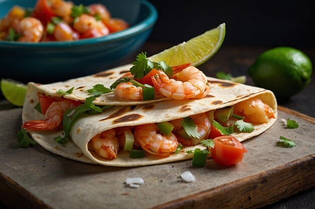 Closeup of a shrimp quesadilla with