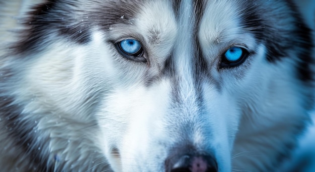 Foto close-up di un husky siberiano con occhi blu penetranti