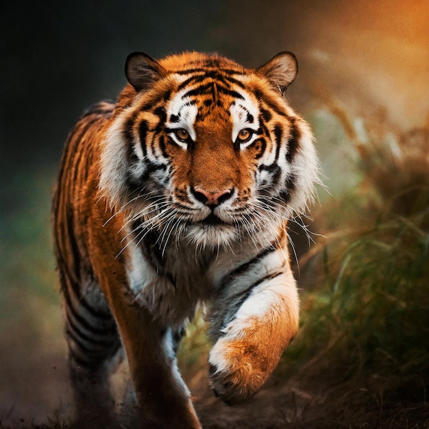 Closeup of a Siberian tiger in a jungle soft lighting lateral view running