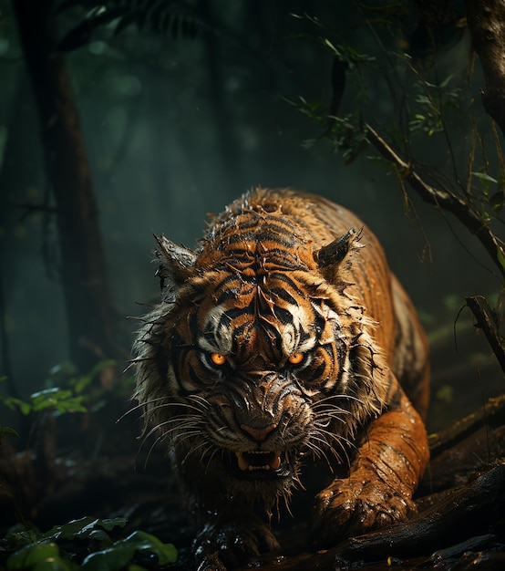Сибирский тигр вблизи, идущий по дороге через темный лес