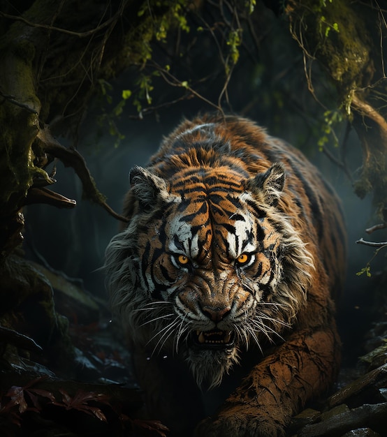 Photo closeup siberian tiger walking on road through dark forest