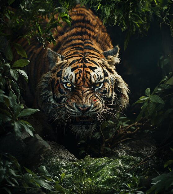 Foto close-up tigre siberiano che cammina sulla strada attraverso la foresta buia