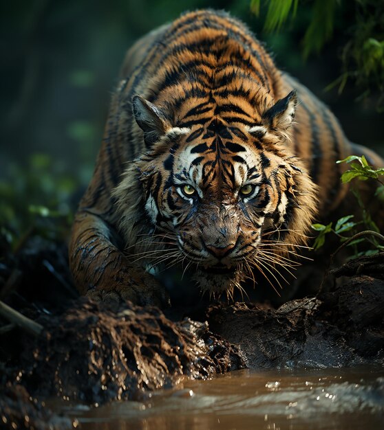 Photo closeup siberian tiger walking on road through dark forest