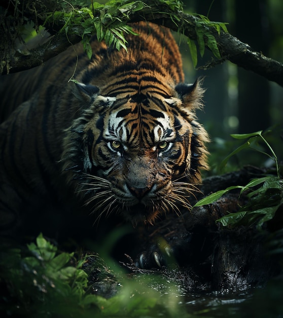 Foto close-up tigre siberiano che cammina sulla strada attraverso la foresta buia