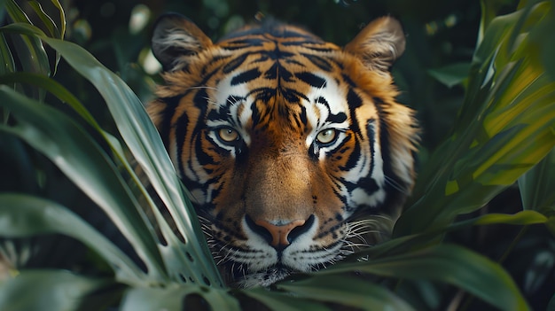 Closeup of a siberian tigers face peeking through leaves