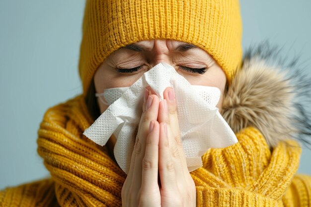 Closeup of sick woman is blowing her nose into a tissue Generative AI