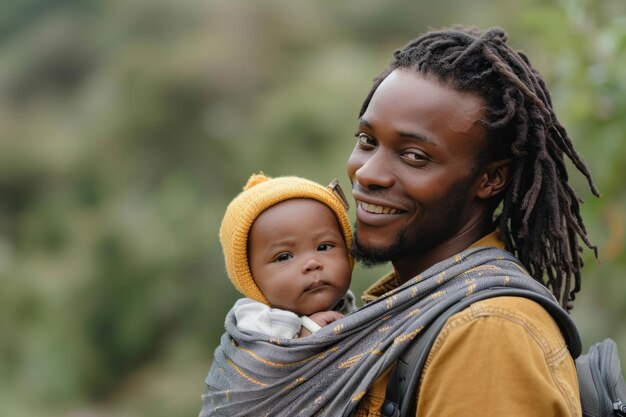 Closeup side portrait of a young black man with a baby in a kangaroo carrier outdoors happy african