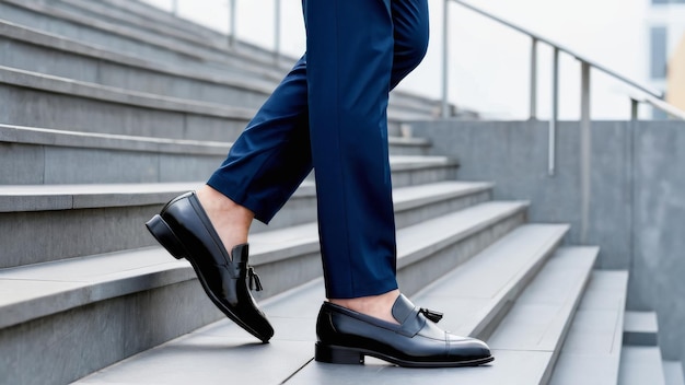A closeup side view capturing the legs and shoes of a business person walking up a flight of steps