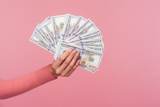 Closeup side view female hand in pink sweater holding and showing dollar banknotes big salary profit Indoor studio shot isolated on pink background