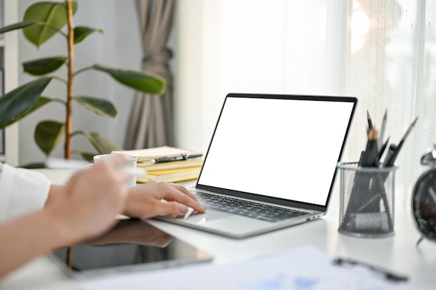 Closeup side view image of a businesswoman using her laptop laptop blank screen mockup